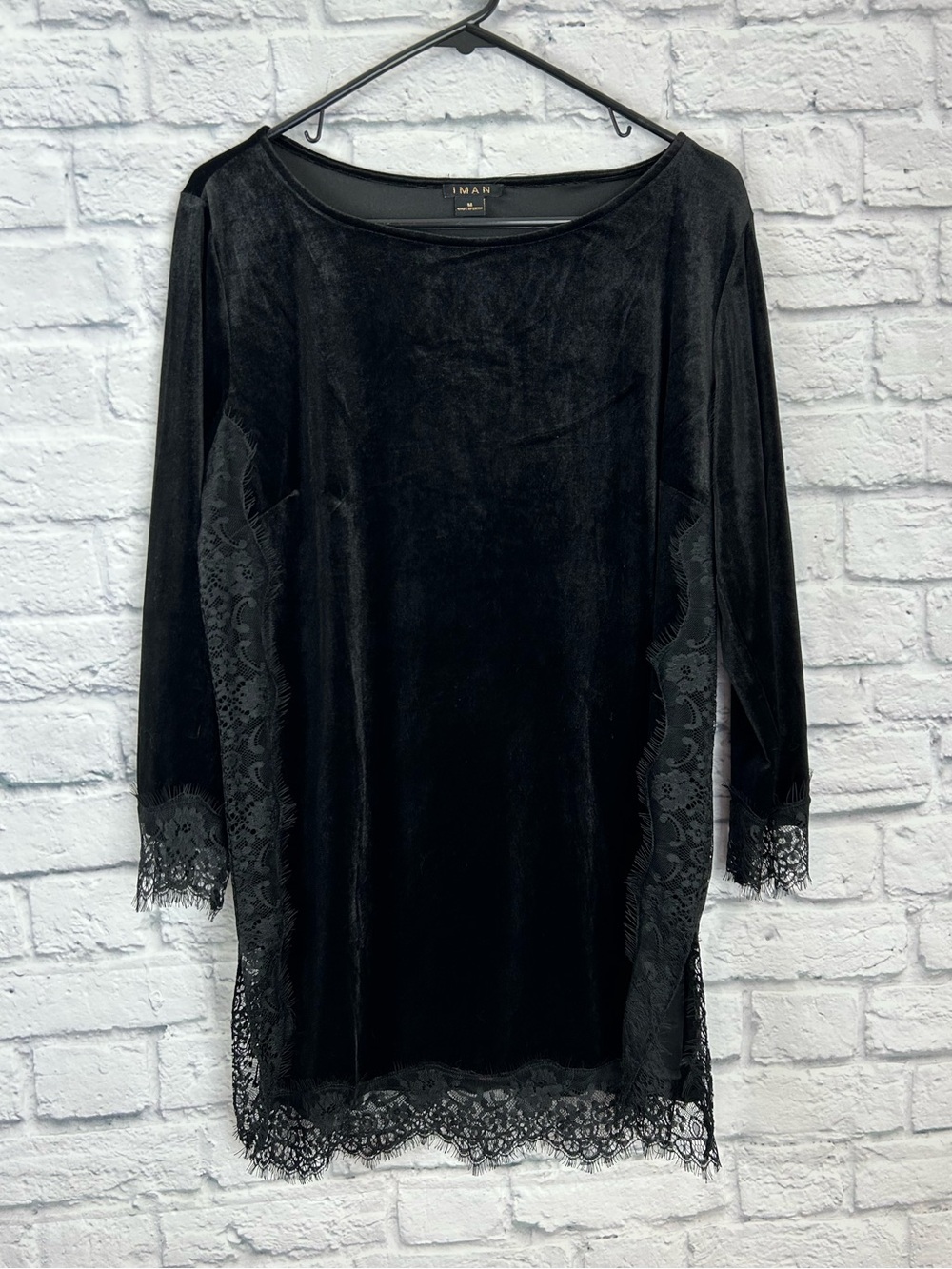 Iman Black Velvet Mini Dress Medium Lace Trim Long Sleeve Gothic